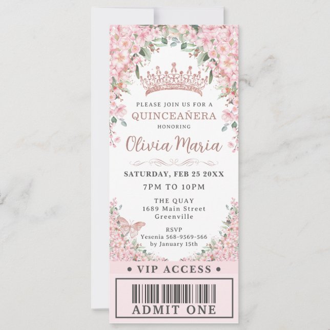 Convites Cherry Blossomo Rosa Dourado Quinceañera Ticket VI (Frente)