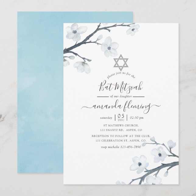 Convites Cherry Blossoms Bat Mitzvah (Frente/Verso)