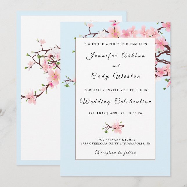 Convites Cherry Blossoms Blue Casation Card (Frente/Verso)