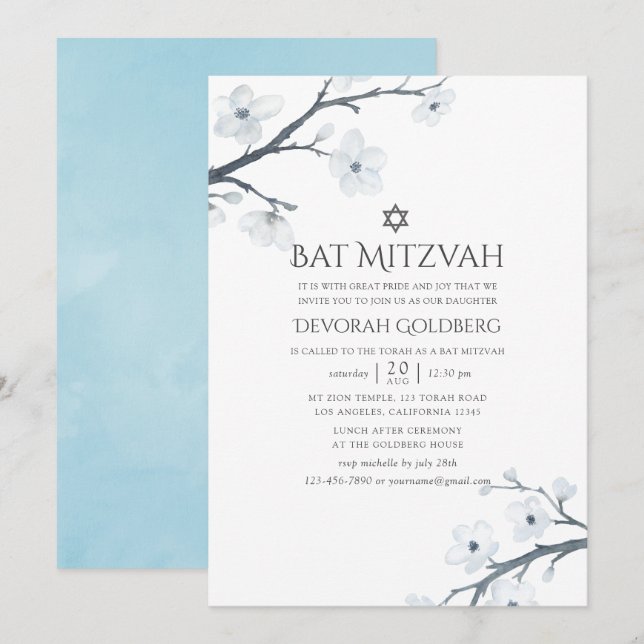 Convites Cherry Blossoms Floral Bat Mitzvah (Frente/Verso)