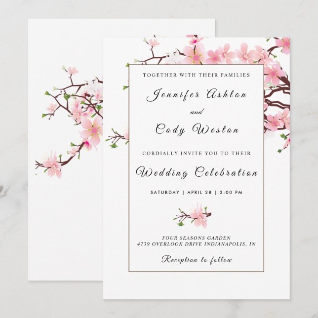 Convites Cherry Blossoms White Invitation Card cor-de-rosa (Frente/Verso)