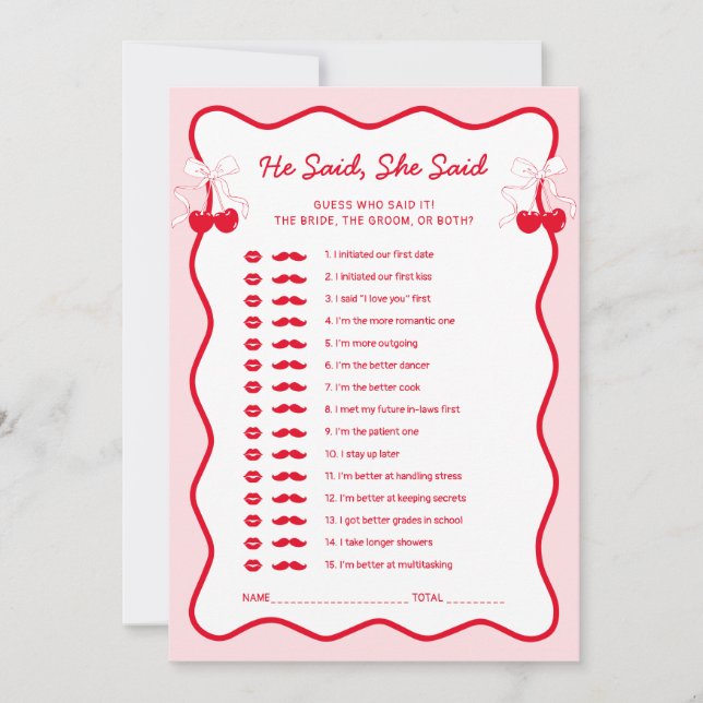 Convites Cherry Bridal Shower He Said She Said Game Card (Frente)