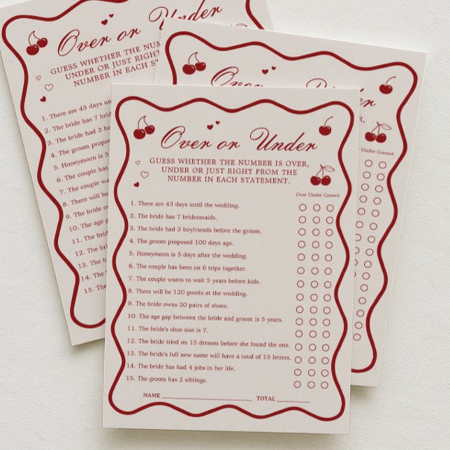 Convites Cherry Bridal Shower Over or Under Game Card (Criador carregado)
