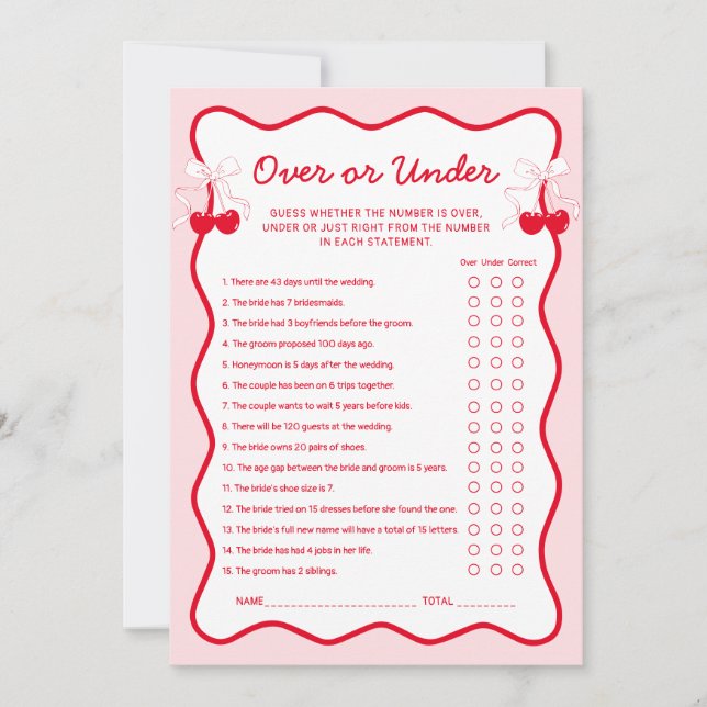 Convites Cherry Bridal Shower Over or Under Game Card (Frente)