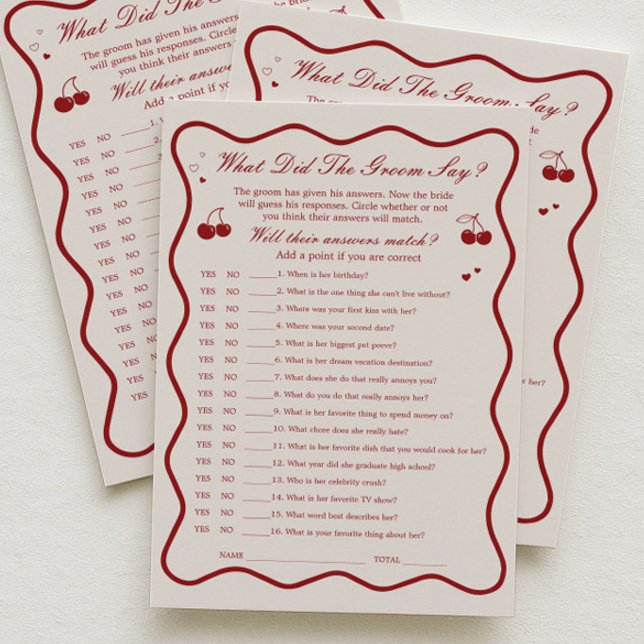 Convites Cherry Bridal Shower What Did He Say Game Card (Criador carregado)