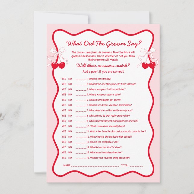 Convites Cherry Bridal Shower What Did the Groom Say Game (Frente)