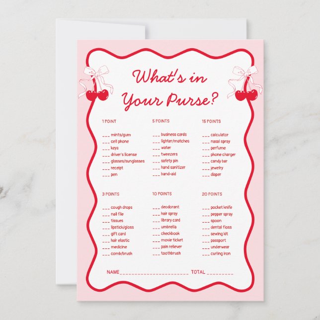 Convites Cherry Bridal Shower What's in Your Purse Game (Frente)