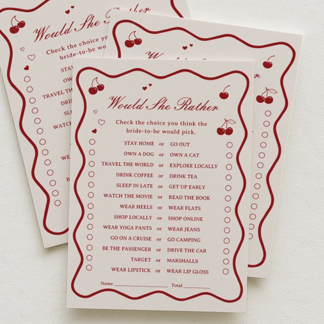 Convites Cherry Bridal Shower Would She Rather Game Card (Criador carregado)