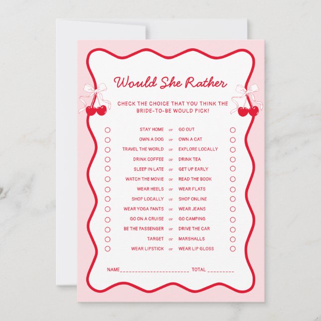 Convites Cherry Bridal Shower Would She Rather Game Card (Frente)