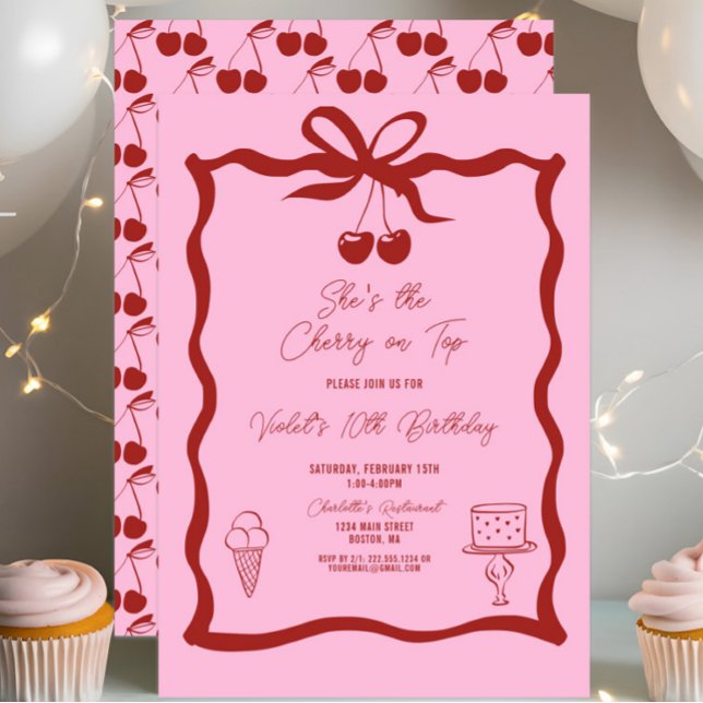 Convites Cherry Chic no Arco superior, rosa e aniversário v (She's the Cherry On Top Birthday Invitation, Cherries, Coquette Bow, Red and Pink, Chic Modern)
