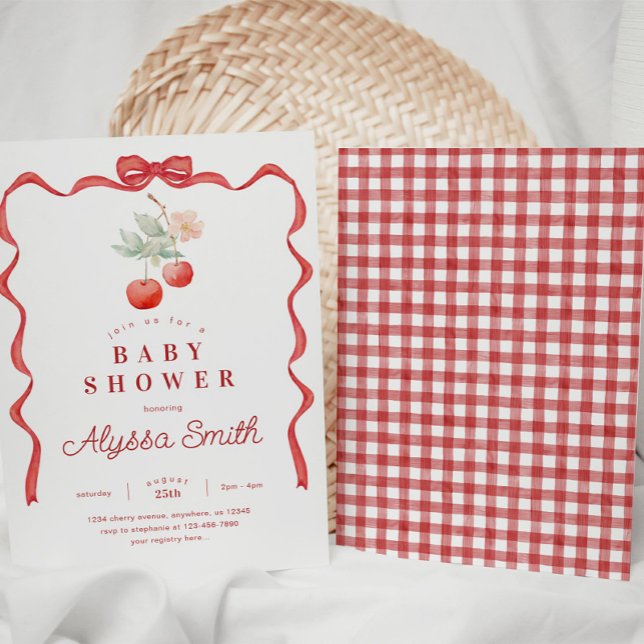 Convites Cherry e Red Ribbon Frame Baby Shower (Criador carregado)