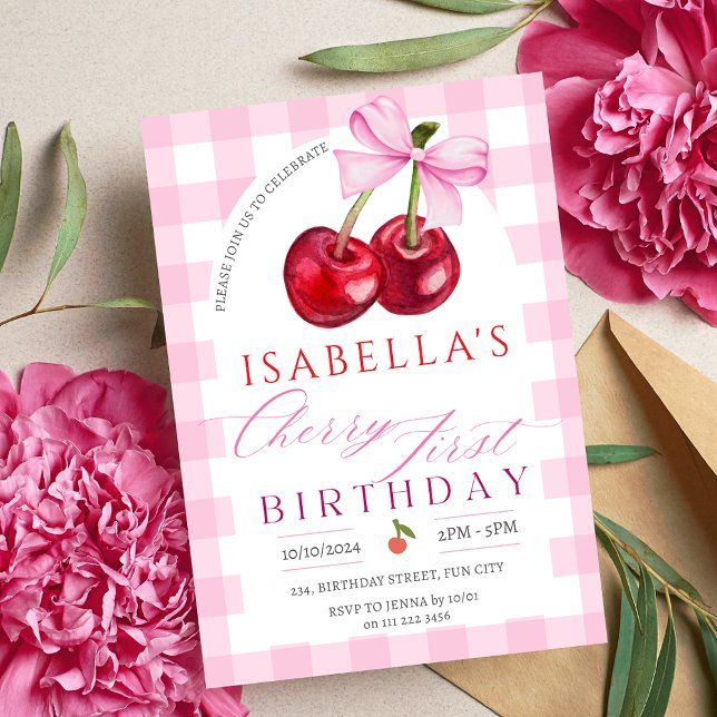 Convites Cherry First Birthday Girl 1rua Arco Fruta Anivers (Cherry First Birthday Girl 1st Fruit Bow Birthday Invitation)