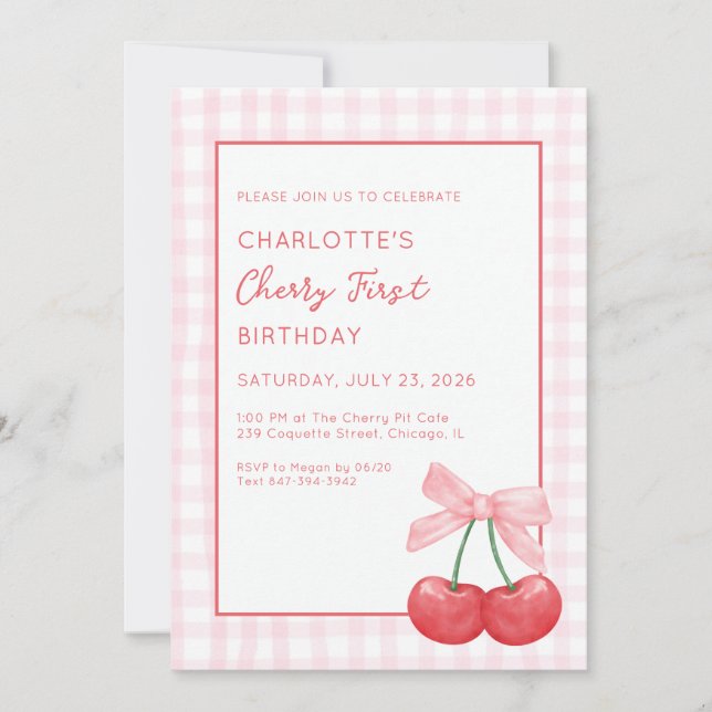Convites Cherry First Birthday Pink Gingham Girls One Year  (Frente)