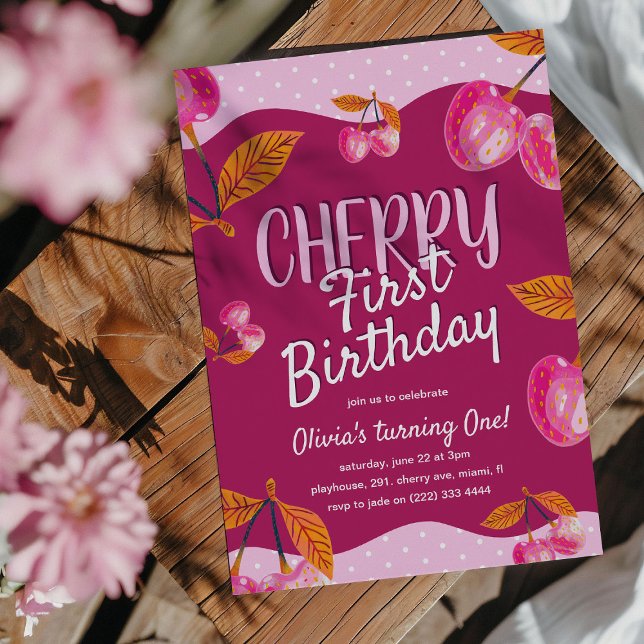 Convites Cherry First Birthday Whimsical primeiro aniversar (Criador carregado)