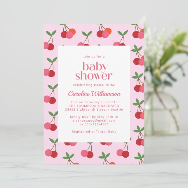 Convites Cherry Fruta Vermelho Rosa Fofo Chuveiro de Bebê d (Em pé/Frente)
