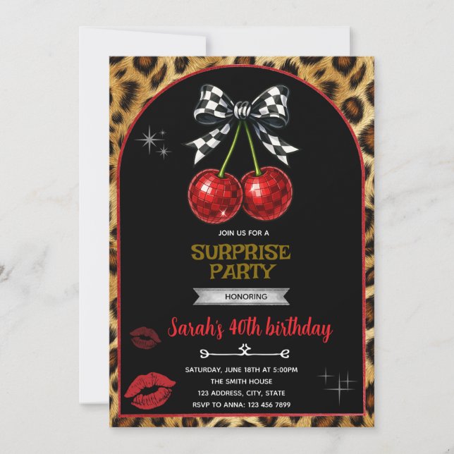 Convites Cherry Leopard party Invitation (Frente)