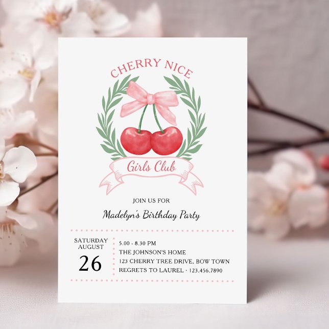 Convites Cherry Nice Girls Club Pink Arco Birthday (Cherry Nice Girls birthday party invitation with cherries and pink bow by Darling & May)