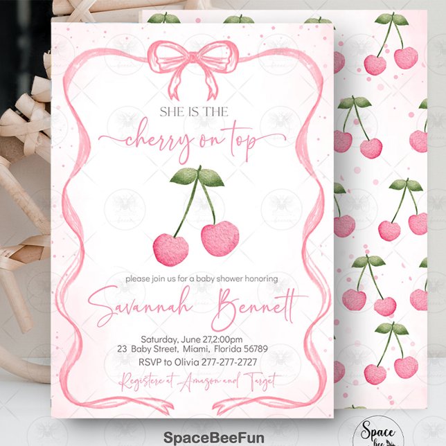 Convites Cherry no Arco superior do Chá de fraldas (Cherry Baby Shower Invitation, Bow Baby Shower Invite, Baby Girl Shower Invitation, Digital Baby Sho)