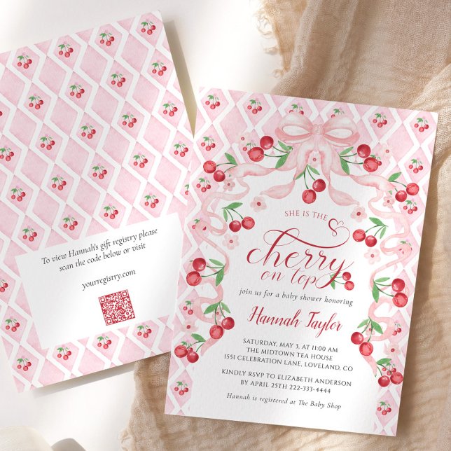 Convites Cherry no Chá de fraldas de código QR do Arco Rosa (Criador carregado)