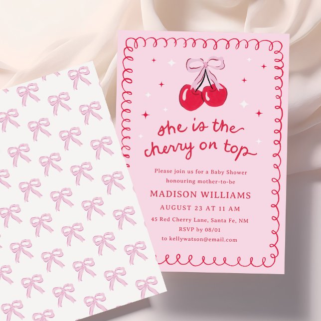 Convites Cherry no Chá de fraldas de coquetes superior (coquette cherry on top baby girl shower invitation)