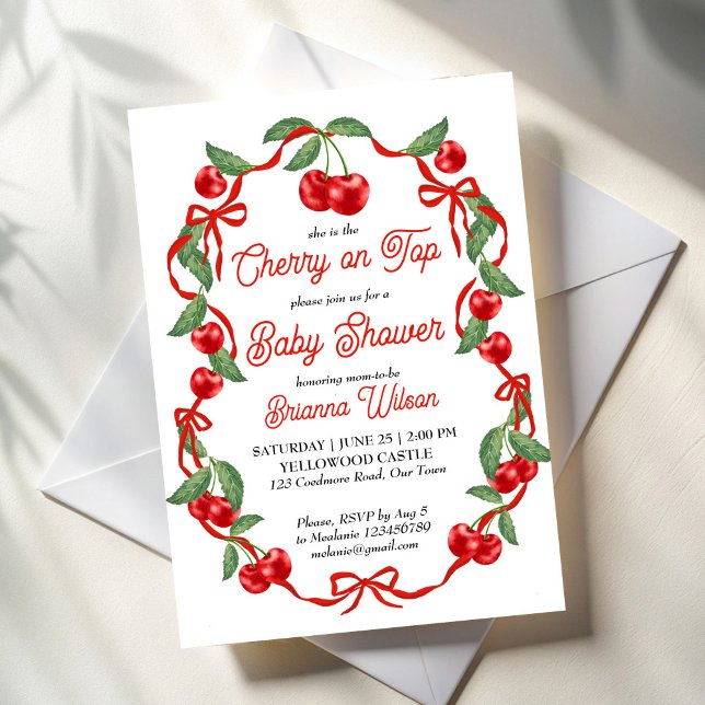 Convites Cherry no chá de fraldas de fita superior (Cherry on top red ribbon coquette baby shower invitation template cherry baby shower invite)