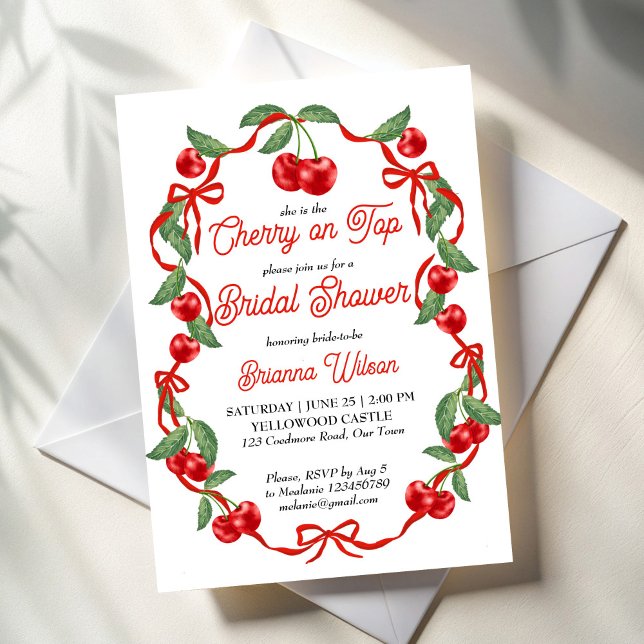 Convites Cherry no chá de panela de fita superior (Cherry on top ribbon coquette cherry bridal shower invitation template whimsical cherry border invit)