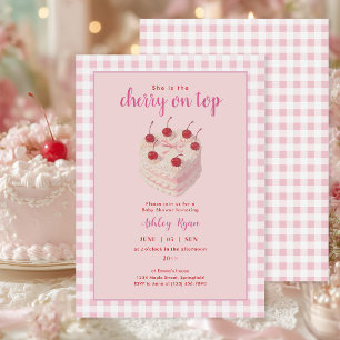 Convites Cherry no Top Cake - Chá de fraldas rosa