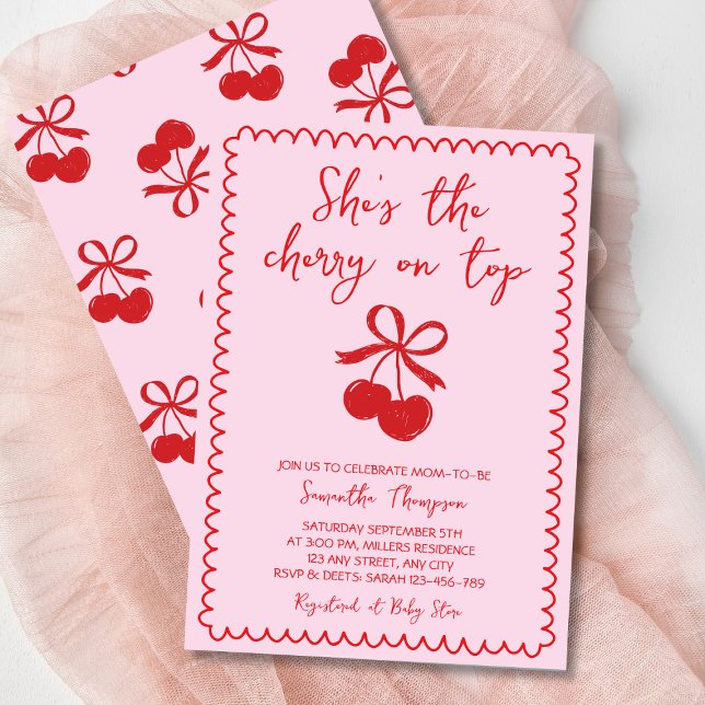 Convites Cherry No Topo Da Mão Bonita Desenha Chá De Bebê (Cherry On Top Cute Hand Drawn Baby Girl Shower Invitation)