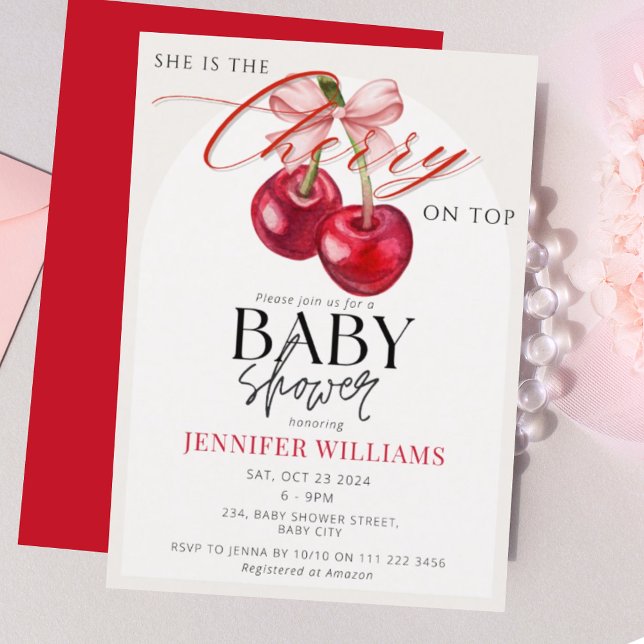 Convites Cherry no topo do Chá de panela de Coquetes Chic (Cherry on Top Chic Coquette Girl Baby Shower Invitation)