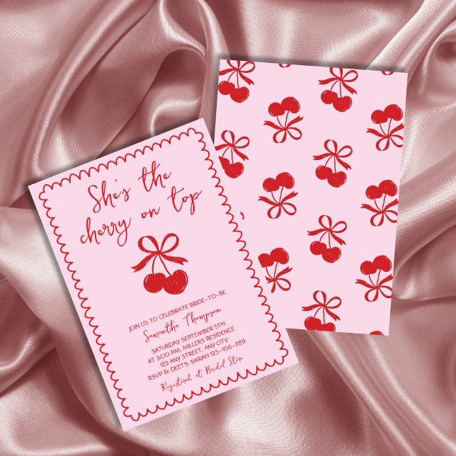 Convites Cherry No Topo, Rosa E Chá de panela Desenhado Da  (Cherry On Top Pink & Red Hand Drawn Bridal Shower Invitation)