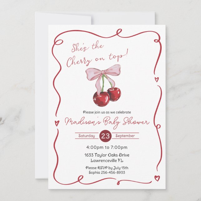 Convites Cherry on Top Arco-íris Rosa Coquette Baby Shower (Frente)