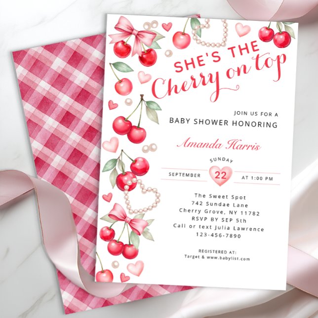 Convites Cherry on Top - Arco rosa e Chá de fraldas Gingham (Cherry Themed Baby Shower)