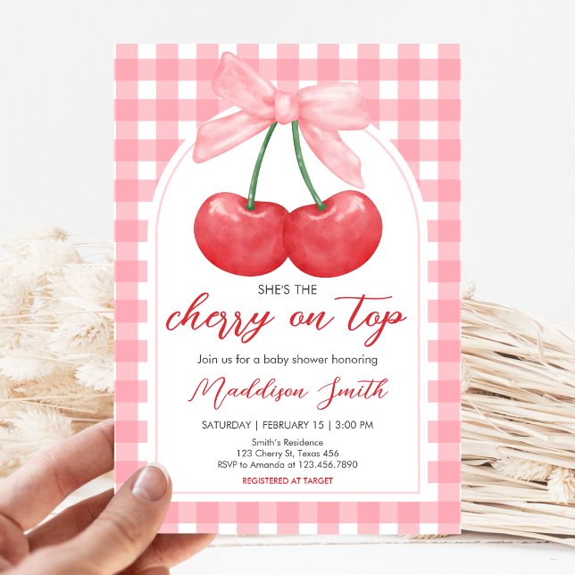 Convites Cherry on Top Baby Shower (Gingham Cherry Baby Shower Invitation)