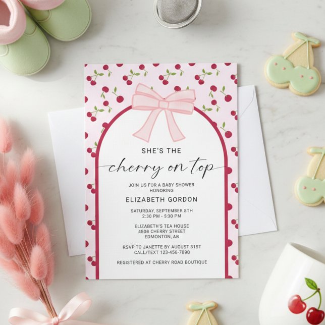 Convites Cherry On Top Baby Shower Coquette Bow (Criador carregado)