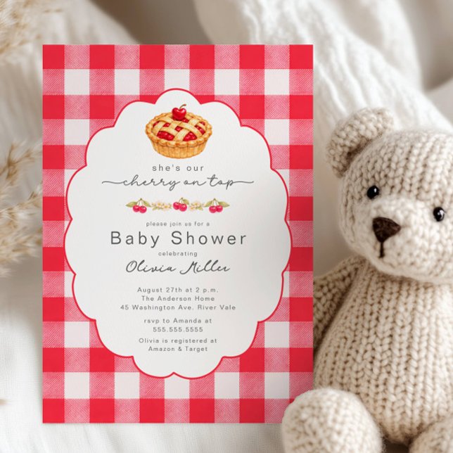 Convites Cherry on Top Baby Shower Gingham Invite (Criador carregado)