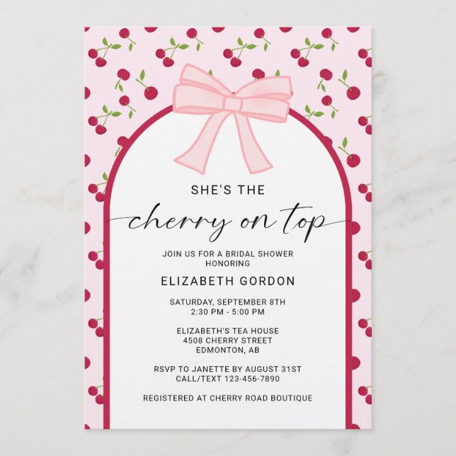 Convites Cherry On Top Bridal Shower Coquette Bow (Frente)