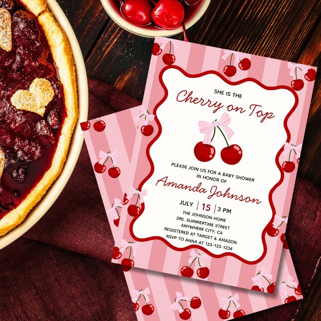 Convites Cherry On Top Coquette Arco Pink Chá de fraldas (Blush pink cherry baby shower invitation with cute bow, whimsical and sweet design)