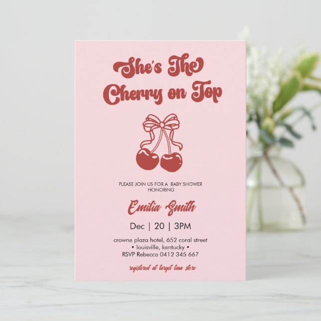 Convites Cherry on Top hand drawn girl Baby Shower (Em pé/Frente)