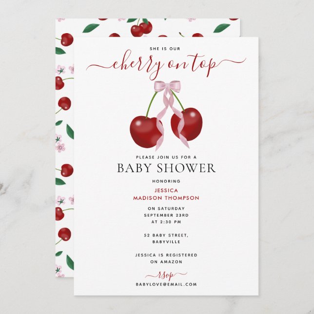 Convites Cherry On Top Modern Chá de fraldas Rosa Arco (Frente/Verso)