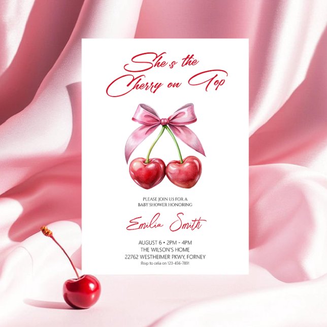 Convites  Cherry on Top pink bow Baby Shower Invitation (Criador carregado)