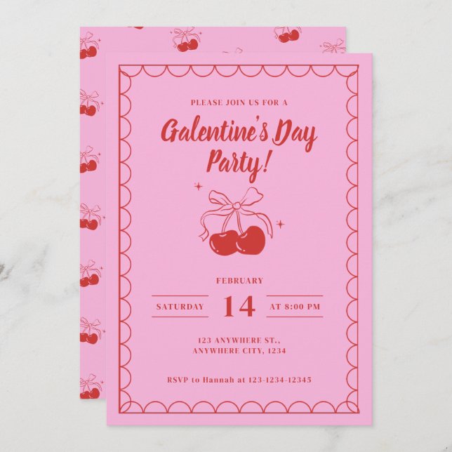 Convites Cherry On Top Pink Galentine's Day (Frente/Verso)