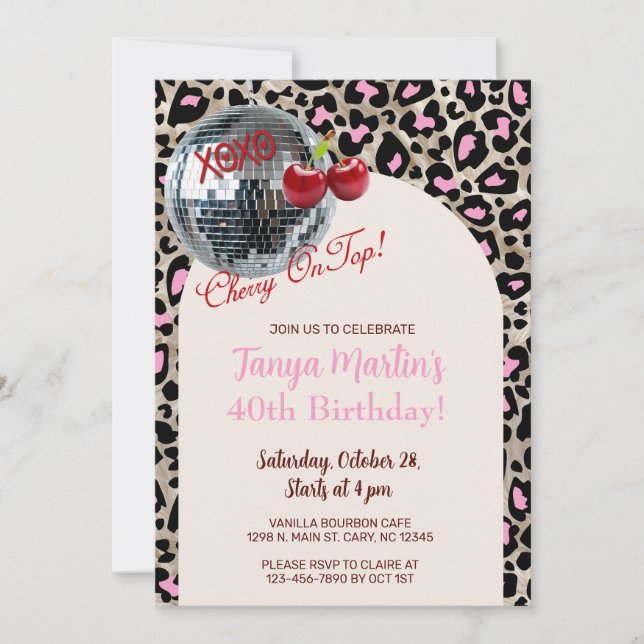 Convites Cherry On Top pink leopard animal print invite. (Frente)