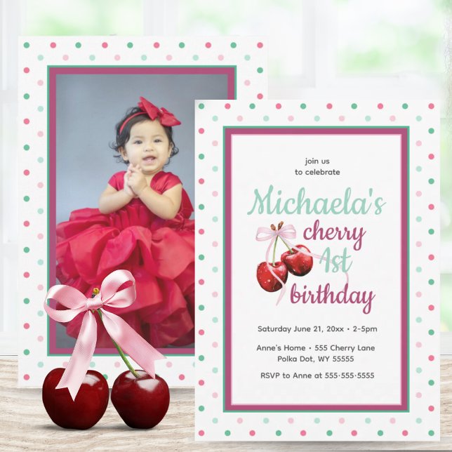 Convites Cherry Pink Coquette Arco Primeiro Aniversário Fot (Cherry First Birthday Polka Dot Photo Invitation)