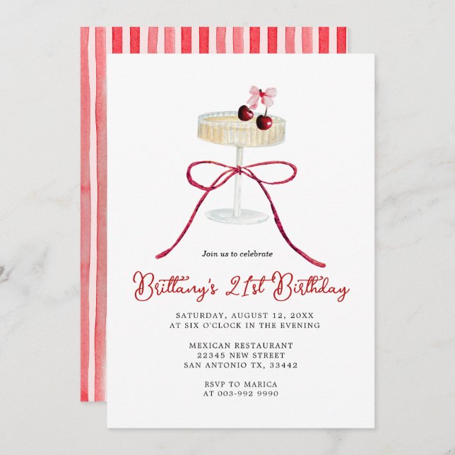 Convites Cherry Red Bow Champagne 21st Birthday Invitation (Frente/Verso)