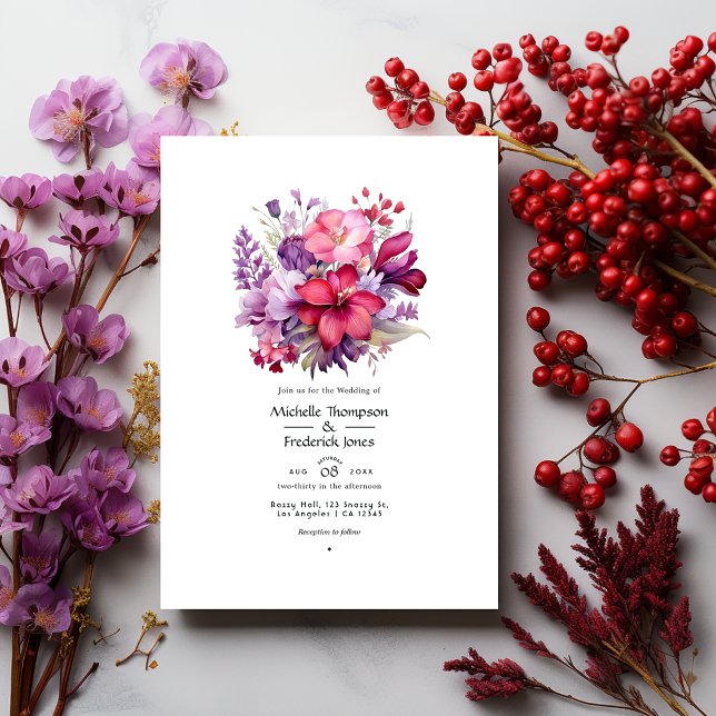 Convites Cherry Red e Heather Purple Floral Casamento outon (Criador carregado)