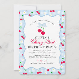 Convites Cherry Sweet Blue Coquette Gingham Primeiro aniver