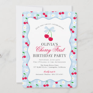 Convites Cherry Sweet Blue Coquette Gingham Primeiro aniver