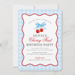 Convites Cherry Sweet Blue Coquette Gingham Primeiro aniver