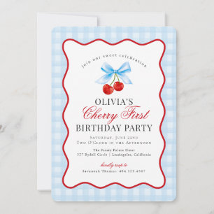 Convites Cherry Sweet Blue Coquette Gingham Primeiro aniver