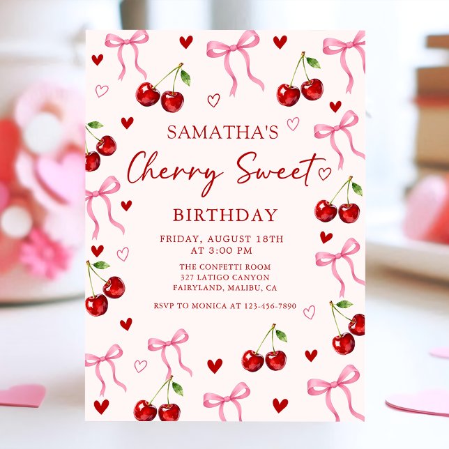 Convites Cherry Sweet Bow Birthday Invitation (Criador carregado)